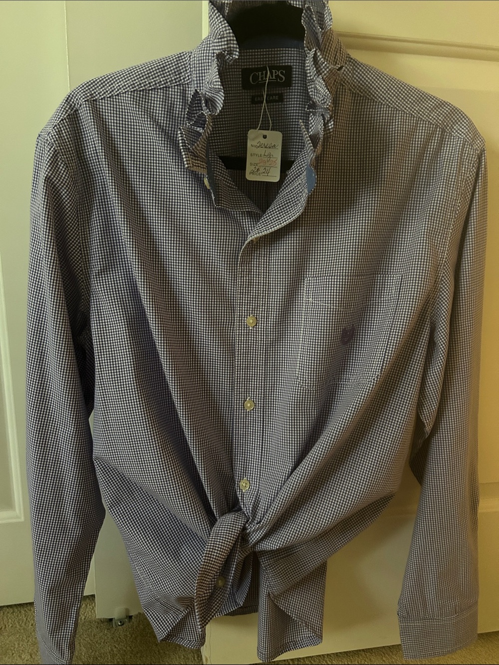 Purple Check Button-Down Shirt recreared for a woman with a ruffled collar